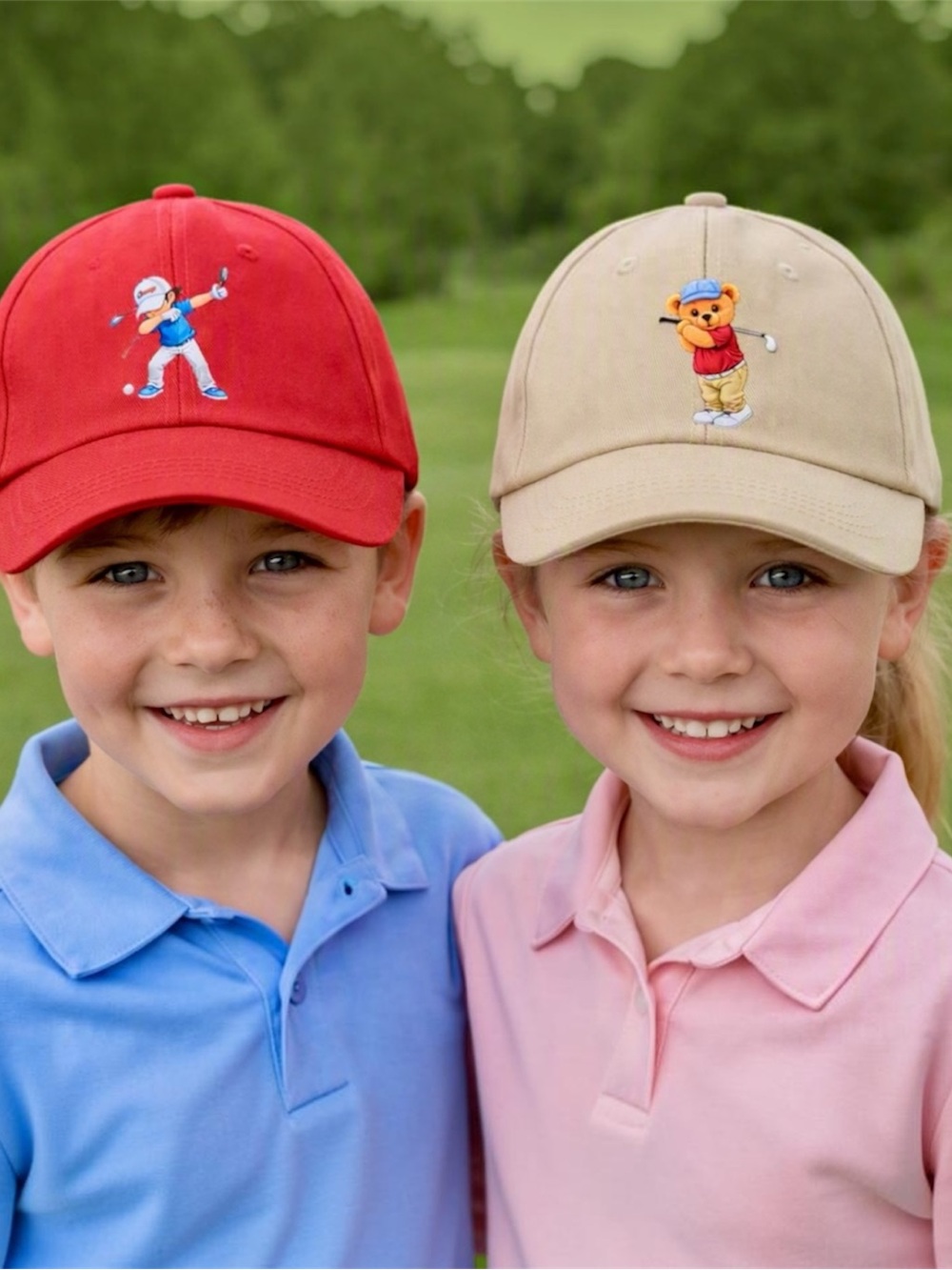 Set of Kids Golf Character Hats - Red & Tan